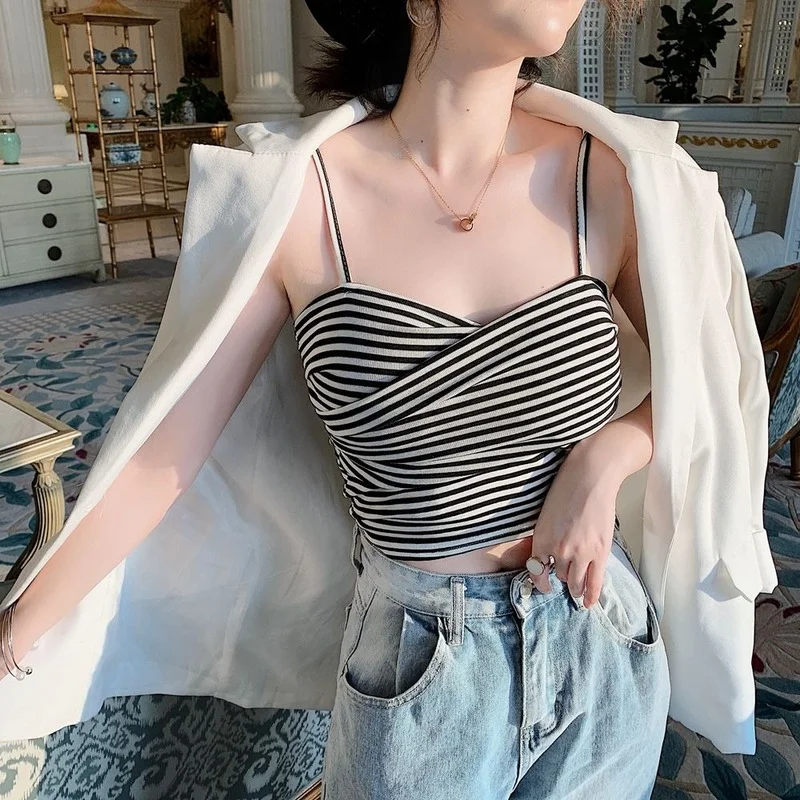 

Женские майки, топы вязаные колготки в полоску пикантные 2021 летняя Базовая Повседневная Уличная одежда для женщин все-матч Лифчики топ ретр...