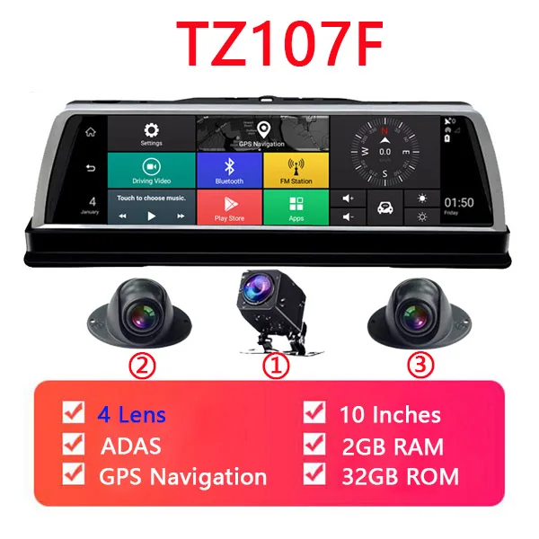 WHEXUNE 4CH камера s объектив 1" Android Navi Автомобильная камера FHD 1080P gps зеркало заднего вида ADAS wifi dvr привод рекордер ram 2GB+ rom 32G - Название цвета: TZ107F
