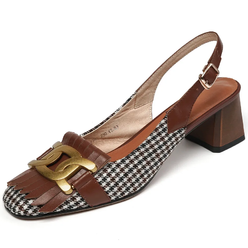 

Women's genuine leather fabric patchwork slingback thick high heel square toe slip-on pumps fringe chain decoration daily sandal