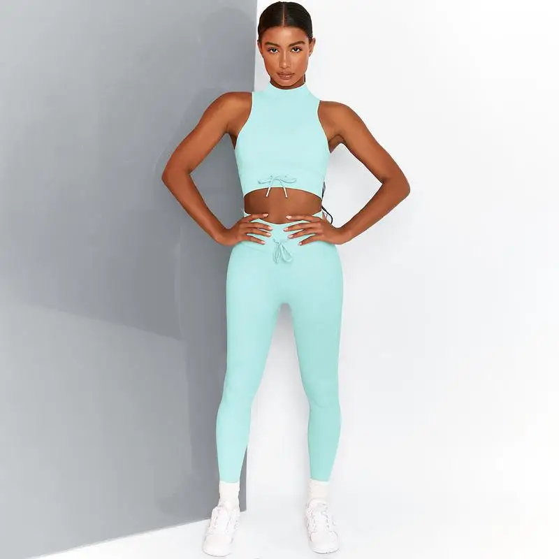 

2 Piece Gym Sport Women Stripe Stand Collar Vest Suits Long Leggings Women's Clothing Lady Outfits Sports Suits Matching Sets