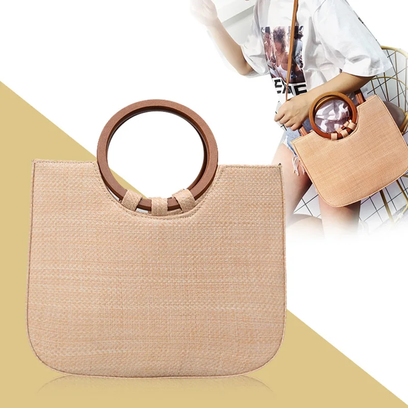 

Handmade Straw Woven Bag Rattan Woven Bag Art Retro Vacation Beach Bag Woven Female Bag Wooden Handle Portable Rattan Bag