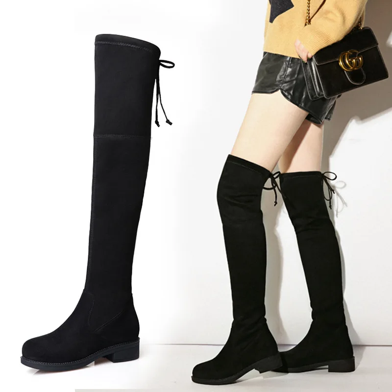 Женские сапоги выше колена Новинка осени 2019 замшевые длинные на толстом и низком