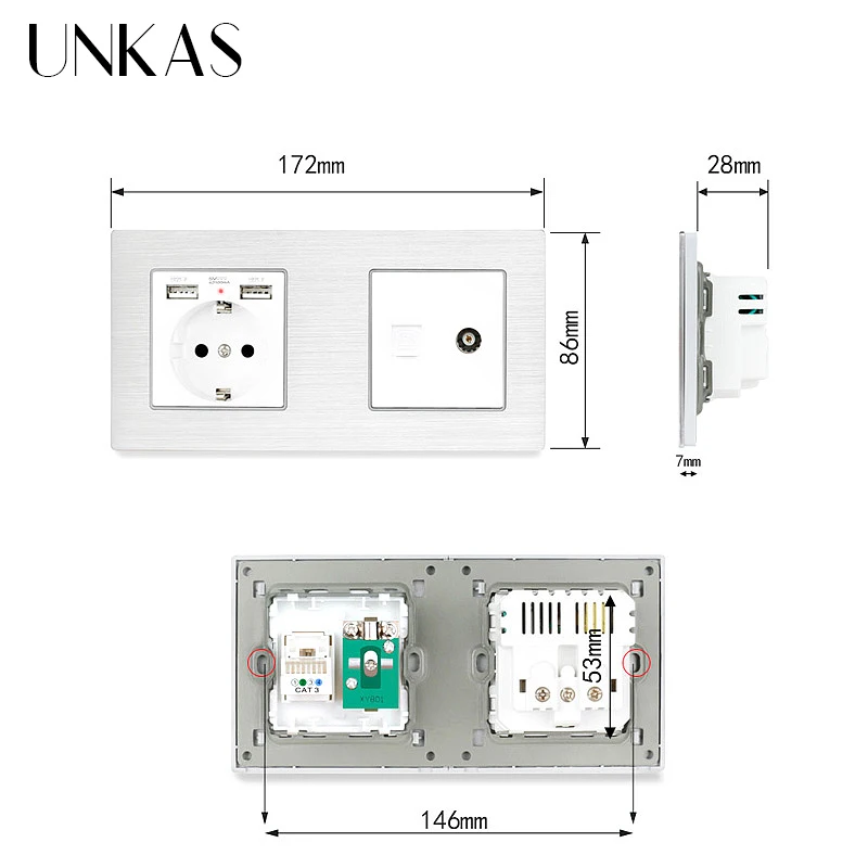 Разъем UNKAS с алюминиевой металлической панелью европейского стандарта USB + 1