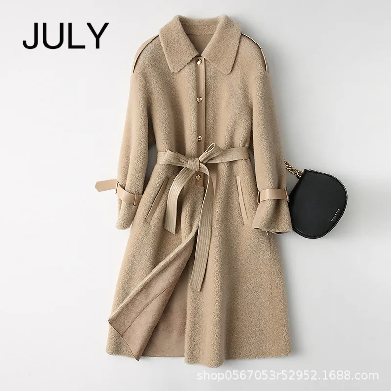 Beige JULY/женское пальто из натуральной шерсти, кожа, черная,, новая шерсть шуба, длинная куртка с узким самообслуживанием, теплая куртка для путешествий - Цвет: Beige