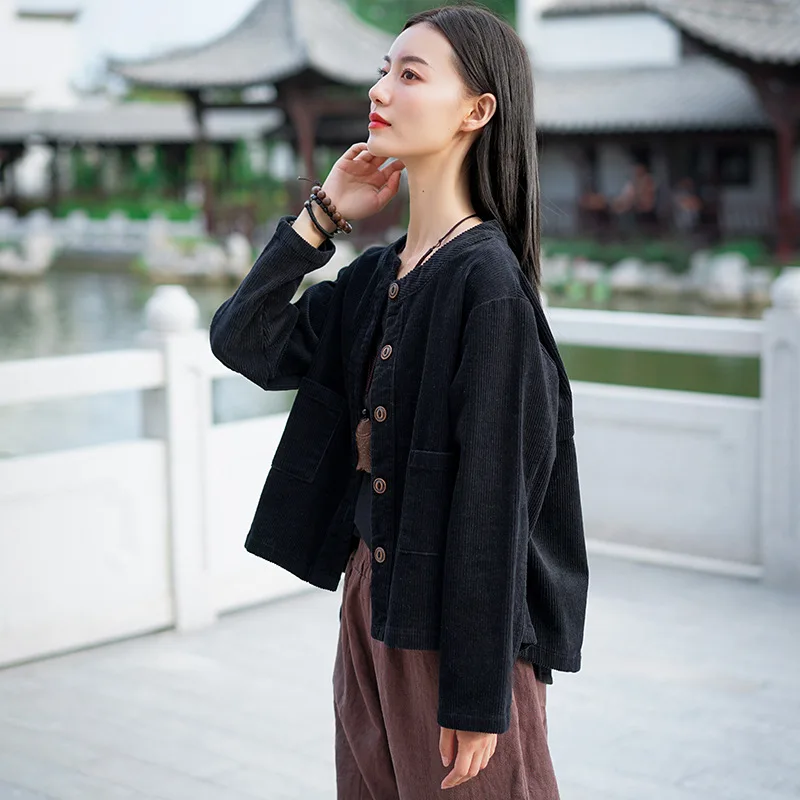 Johnature/Новинка Свободный однобортный вельветовый кардиган с круглым вырезом и