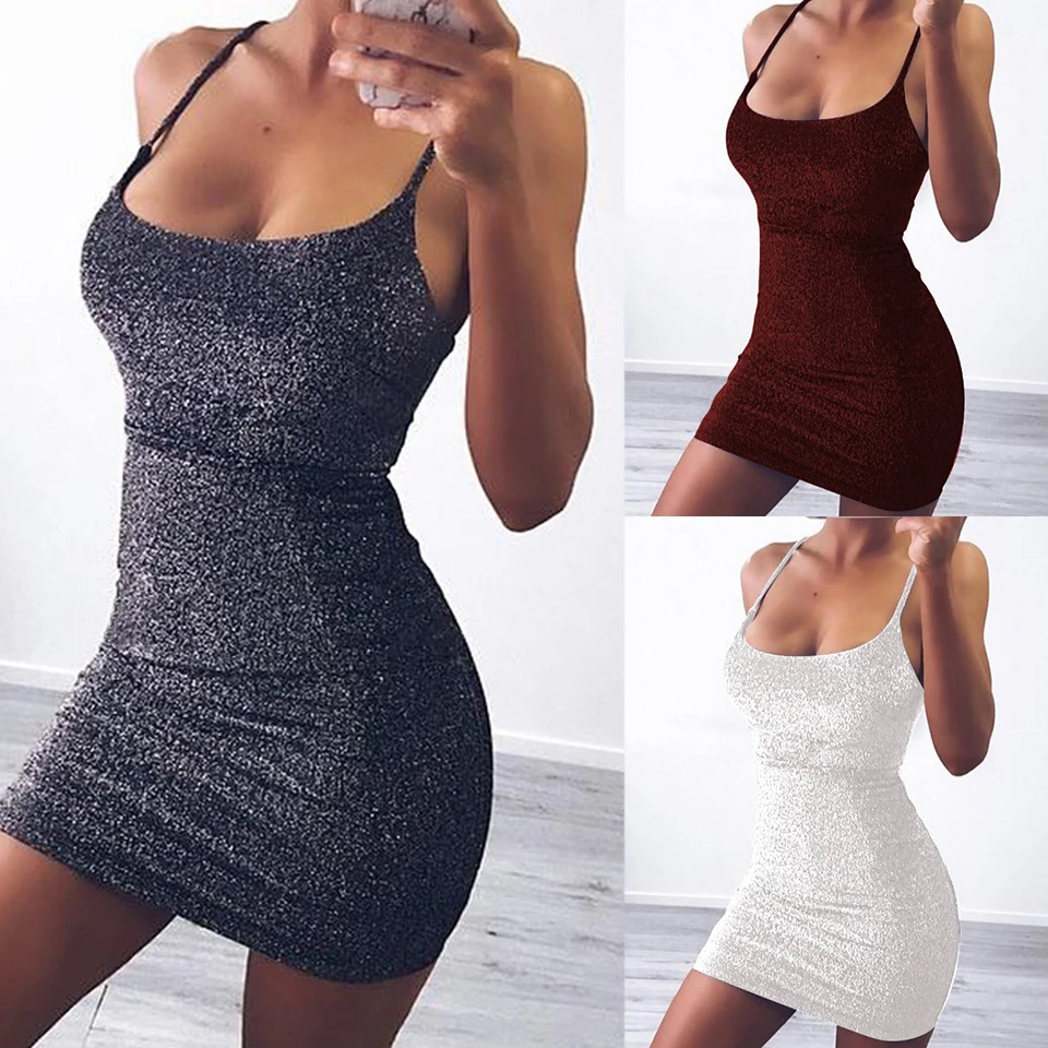 

Shiny Party Dress Straps Bare Back Sukienka Sexy Club Bodycon Mini Dress Glitter Clothing Low Cut Tight Dress Women Sleeveless