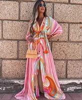 summer dress elegant deep v neck printing hem maxi dress women elastic waist long dress loose slit beach dresses vestidos robes