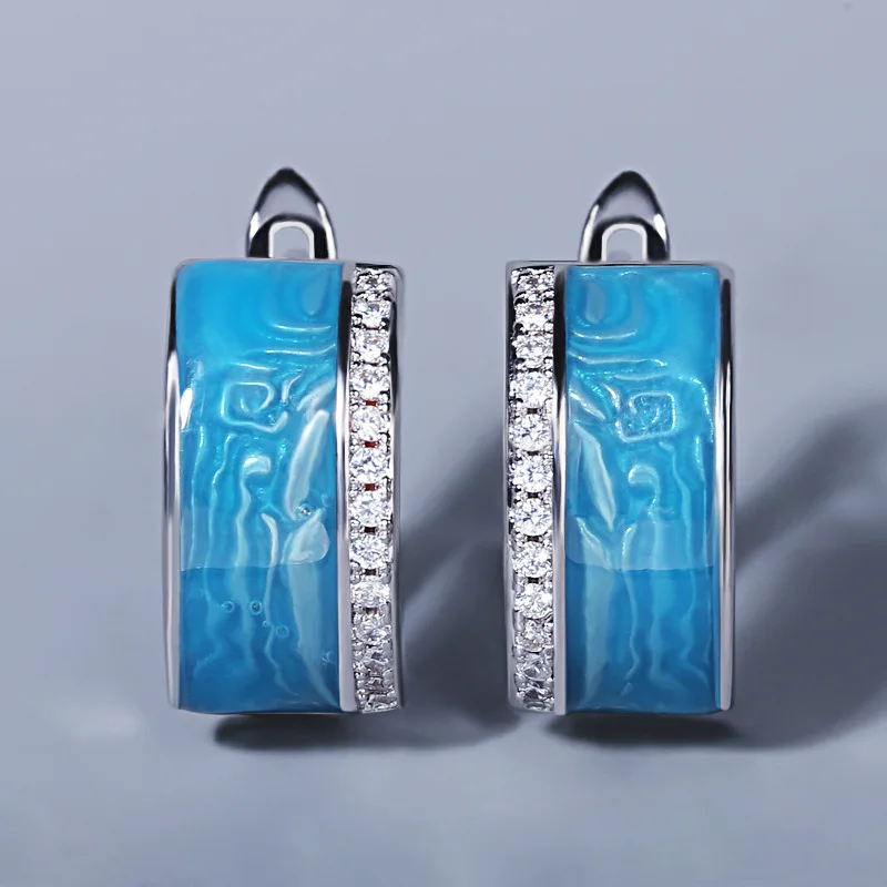 

2022 New Ladies 925 Silver Blue Earrings Handmade Enamel Epoxy Zircon Earrings Sparkling White Zircon Ladies Jewelry Earrings