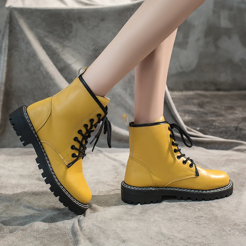 Черные бежевые желтые женские ботильоны на платформе со шнуровкой зимние теплые