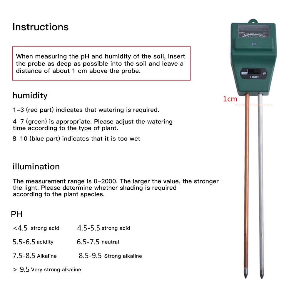 

3 IN 1Soil Moisture Sunlight PH Meter Tester Digital Acidity Moisture Measurement Garden Tools For Garden Plant Flowers