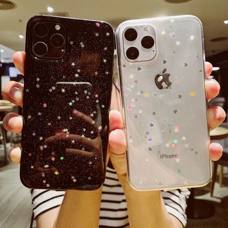 Блестящий мягкий прозрачный силиконовый чехол из ТПУ с сердечками и звездами для