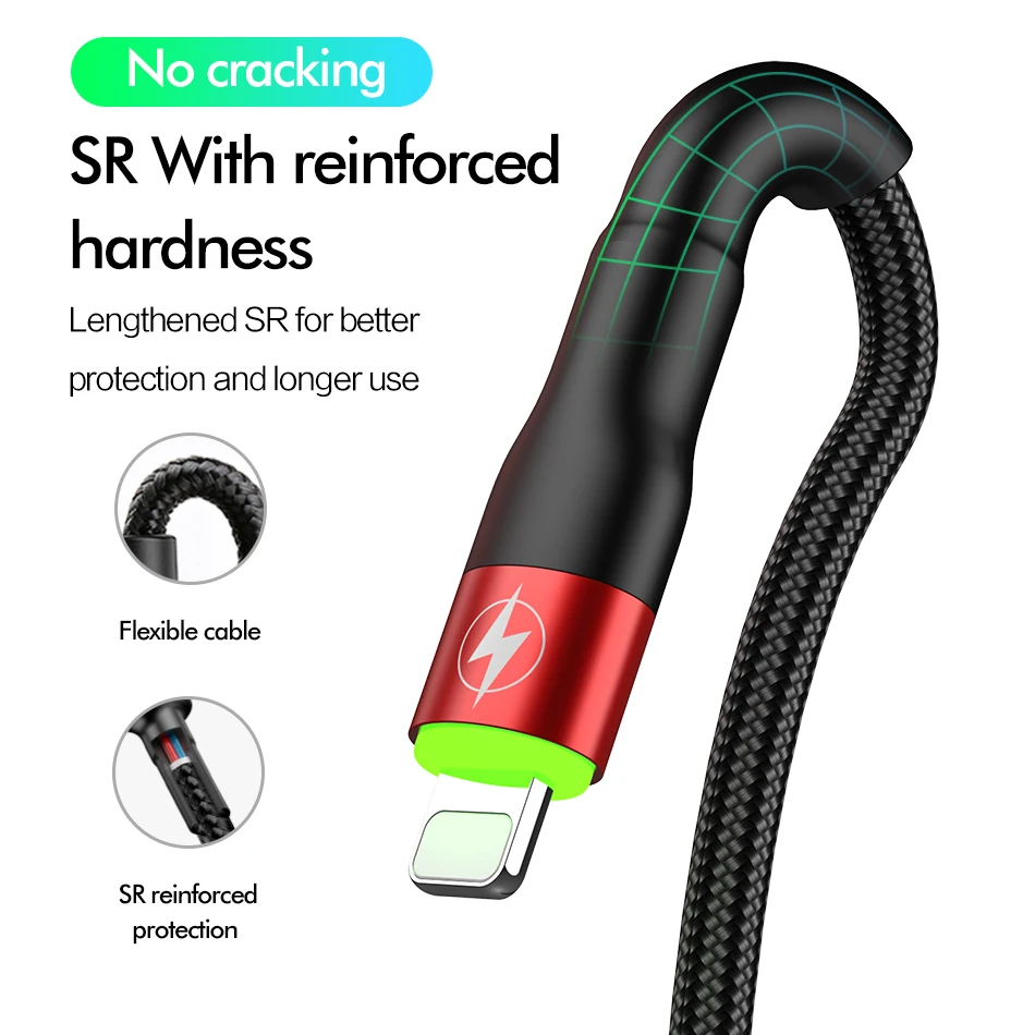 ROCK Metal Led Light USB кабель для iPhone 11 Xs MAX Xr X 8 7 6 6s Plus Быстрая зарядка iPad 100 см 200 50 быстрое