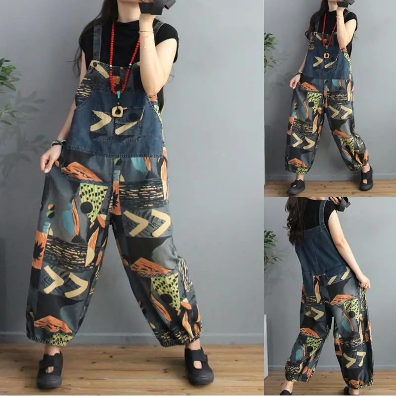 

Short Korean retro printed casual denim Suspenders for women