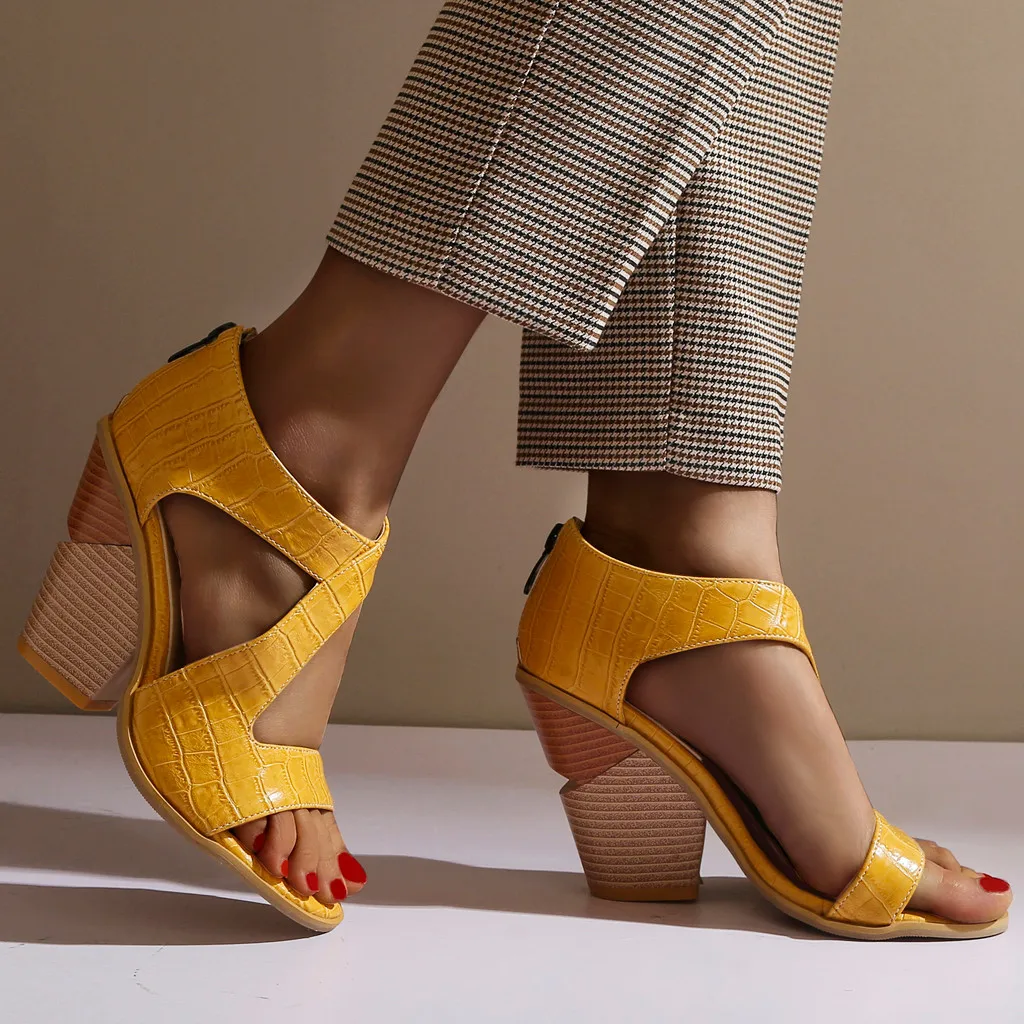 

Fashion Roman Sandals Womens Snake Pattern Peep Toe Square Heel Shoes Woman Thick Bottom Zipper Summer Solid Casual Shoes New