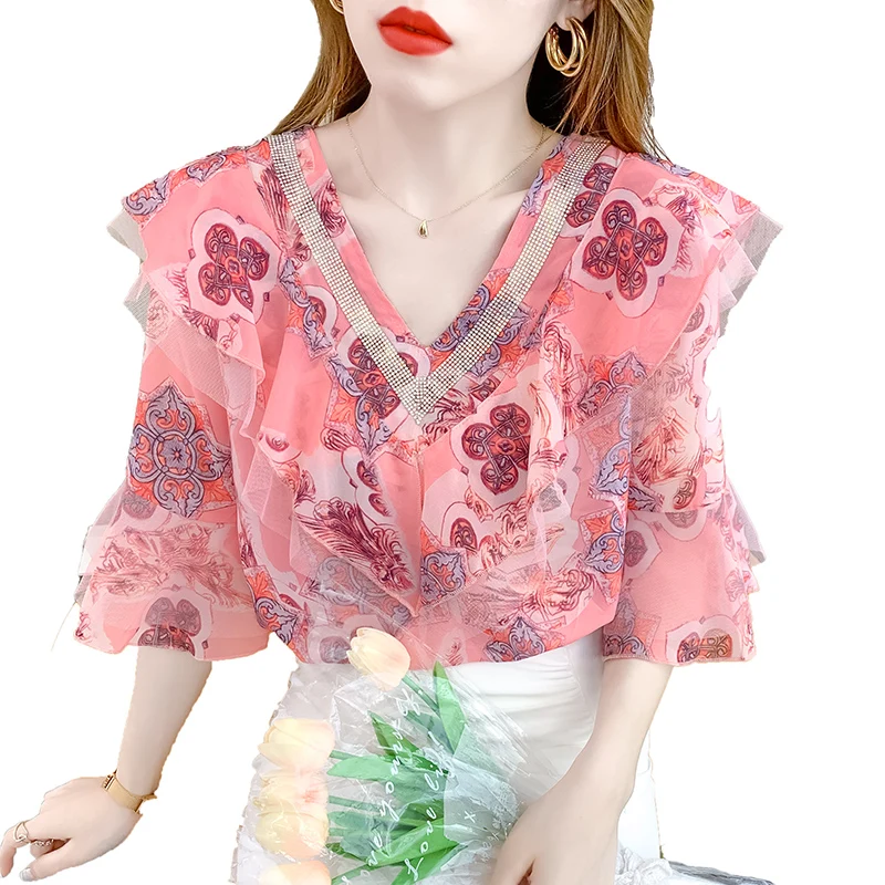

Fashion Women Floral Print Blouses V-neck Ruffle Top Womens Chiffon Shirt Elegant Bohemian Summer Pullover Female Shirts