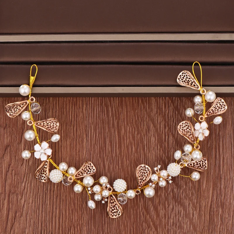Gold Pearl Rhinestone Flower Headband Bride Headpiece Handmade Wedding Hair Band Head Jewelry For Women Baridal Accessories | Украшения и