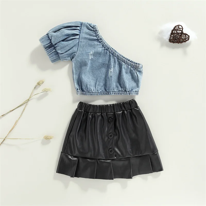 

Baby Girls Toddlers Solid Color Casual Clothes Set Short Sleeve Off-shoulder Cropped Tops + Skirt with Ruffles Sets For 1-5Y