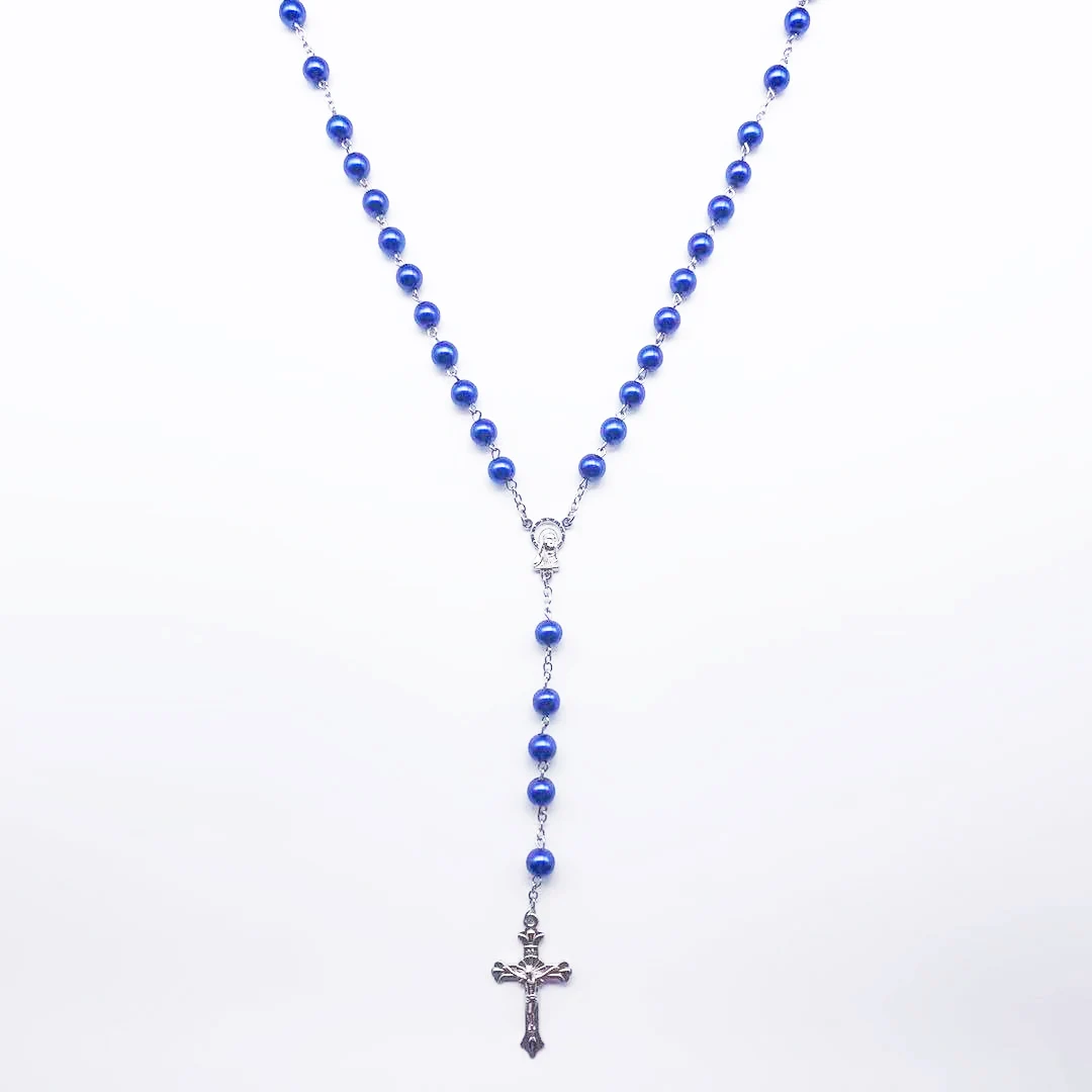 Модные 7 мм темно-синие жемчужные четки крест Мария религиозная молитва ожерелье