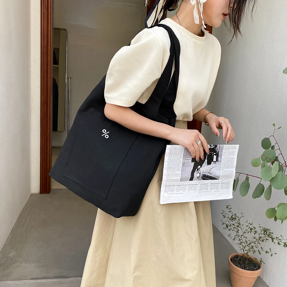 

Vintage Women Canvas Printing Pure Color Shoulder Shopping Bag Casual Ladies Large Capacity Tote Handbags