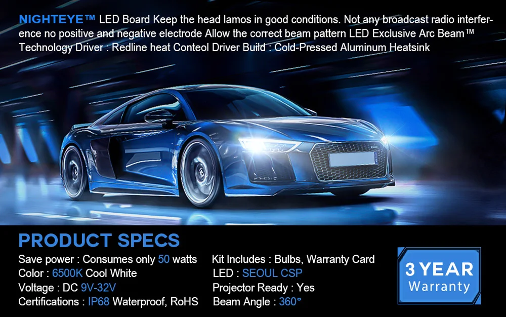 Nighteye H7 светодиодный H4 12v H8 H9 H11 8000LM 50 Вт 6500 к Автомобильный светодиодный головной светильник s Белый Противотуманные огни 9005 HB3 9006 HB4 туман светильник лампы