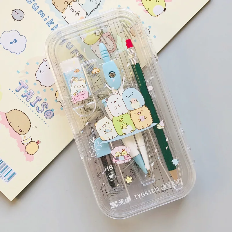 8 in 1 Cute Cartoon Sumikko Gurashi Compass Set Drawing Ruler Eraser Pencil Geometry Protractor for Students School Office | Канцтовары
