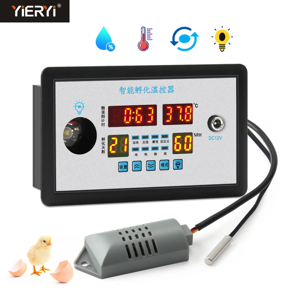 

ZFX-9002 Intelligent Incubator Digital Thermometer Humidity Controller LED Light Real-Time Hatch Record With Sensor DC12V 220V