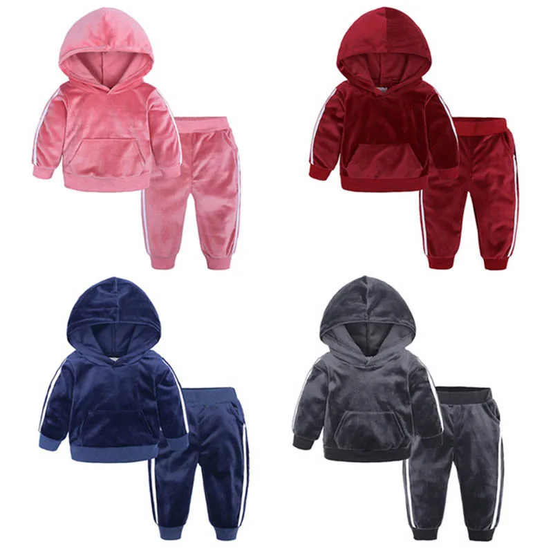 

Kids Suit Spring Autumn Boys Sweater Casual Suit Kid Velvet 2pcs Jacket+ Trousers Kid Solid Color Suit Child Hooded Cartoons Se