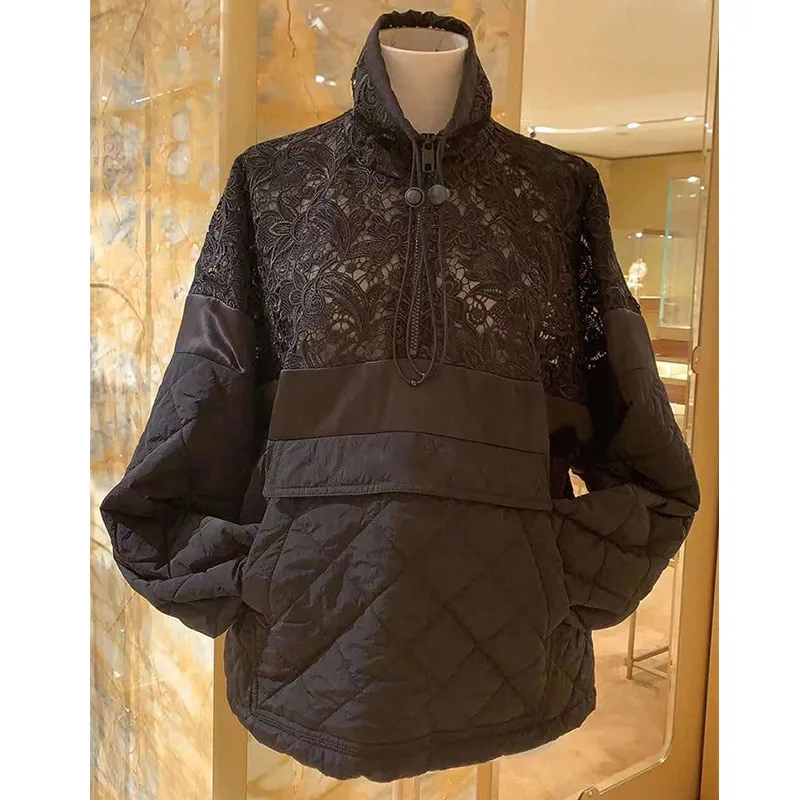 

Fashioneye 21 Winter Black Water Soluble Flowers Lady Cotton Coat Grid Ling Zipper Jacket Casual Temperament Pure Cotton Coat