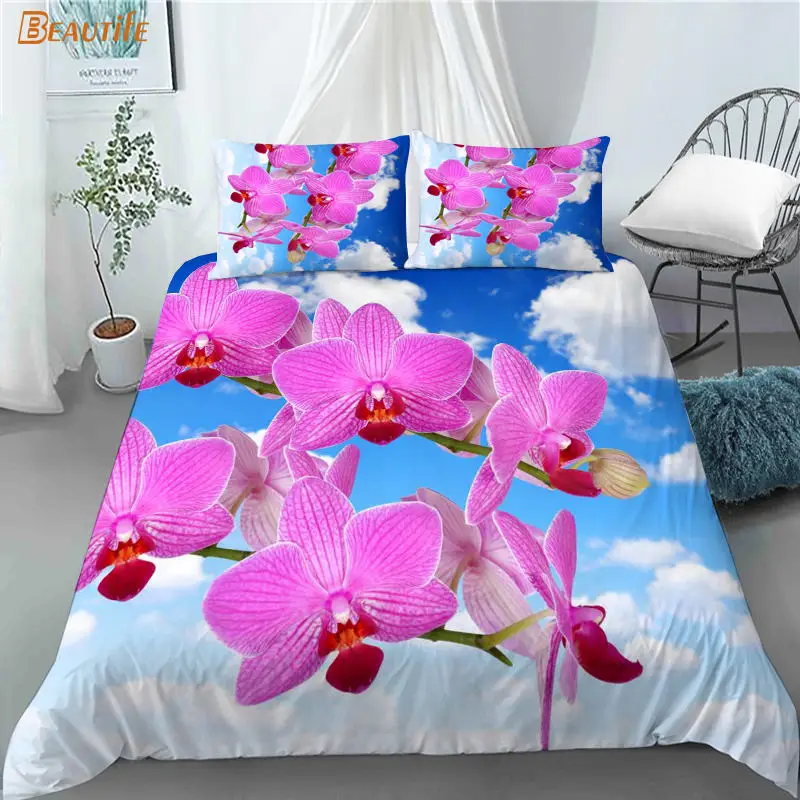 

Hot Sale Orchid Plant Flower 1 Duvet Cover 2 Pillowcases Polyester Fabric Bedding Set Family Boy Kid Set Duvet Cover Set