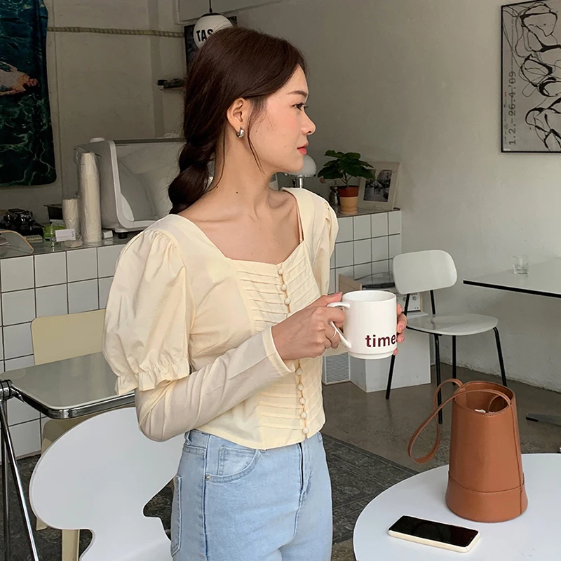 

GALCAUR Elegant Korean White Shirt For Women Square Collar Puff Long Sleeve Ruched Buttons Solid Shirts Female New Clothing Tide