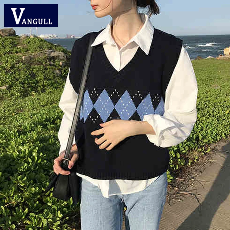 

Vangull Women Sweater Vest Autumn 2022 Korean Style Vintage Geometric Argyle V Neck Sleeveless Pullovers Knitted Woman Sweaters