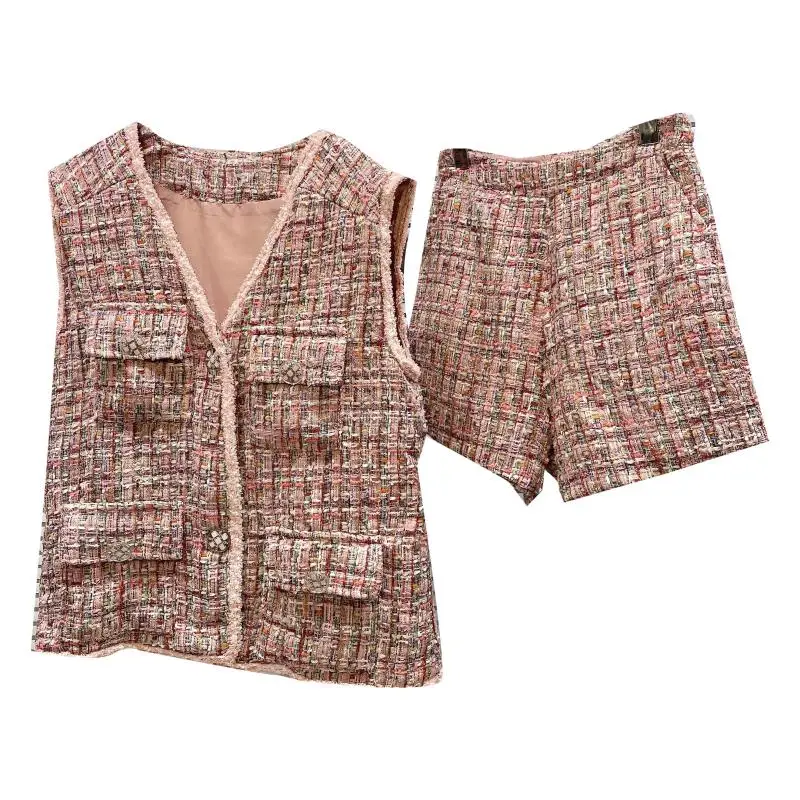 

2021 Summer Pink Tweed Woven Vest + Elastic Waist Shorts Two Piece Set