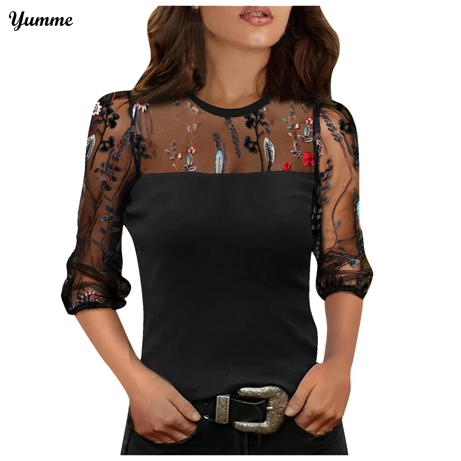 

Women Blouse Elegant Stylish Party Top Female Fashion Floral Mesh Design Shirt Sexy Hollow Out Long Sleeve Blusa Shirts #BL3