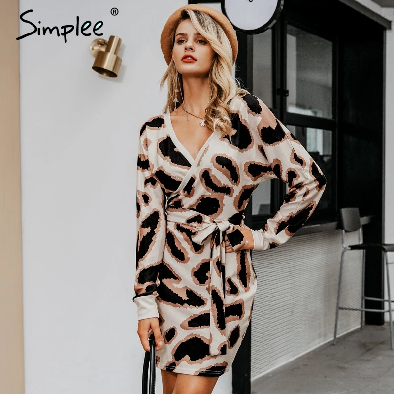 Simplee Sexy v-образным вырезом платье женщин высокой талией леопардовое платье женский вечернее платье Элегантные дамы шикарные уличные платья ночной клуб платье