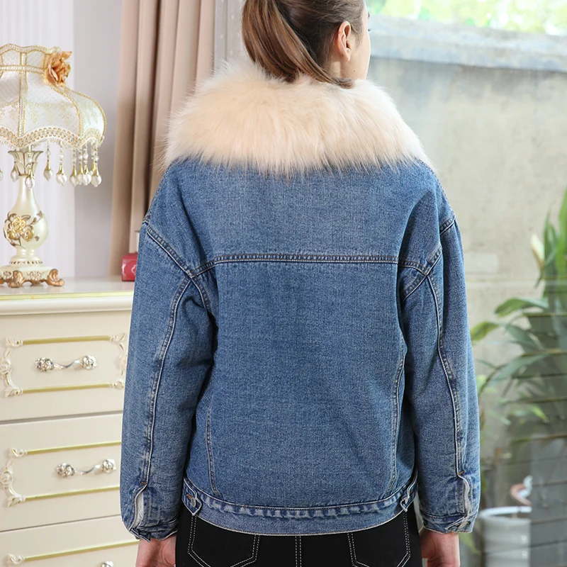 Женская теплая джинсовая куртка LEIJIJEANS повседневная с большим меховым воротником