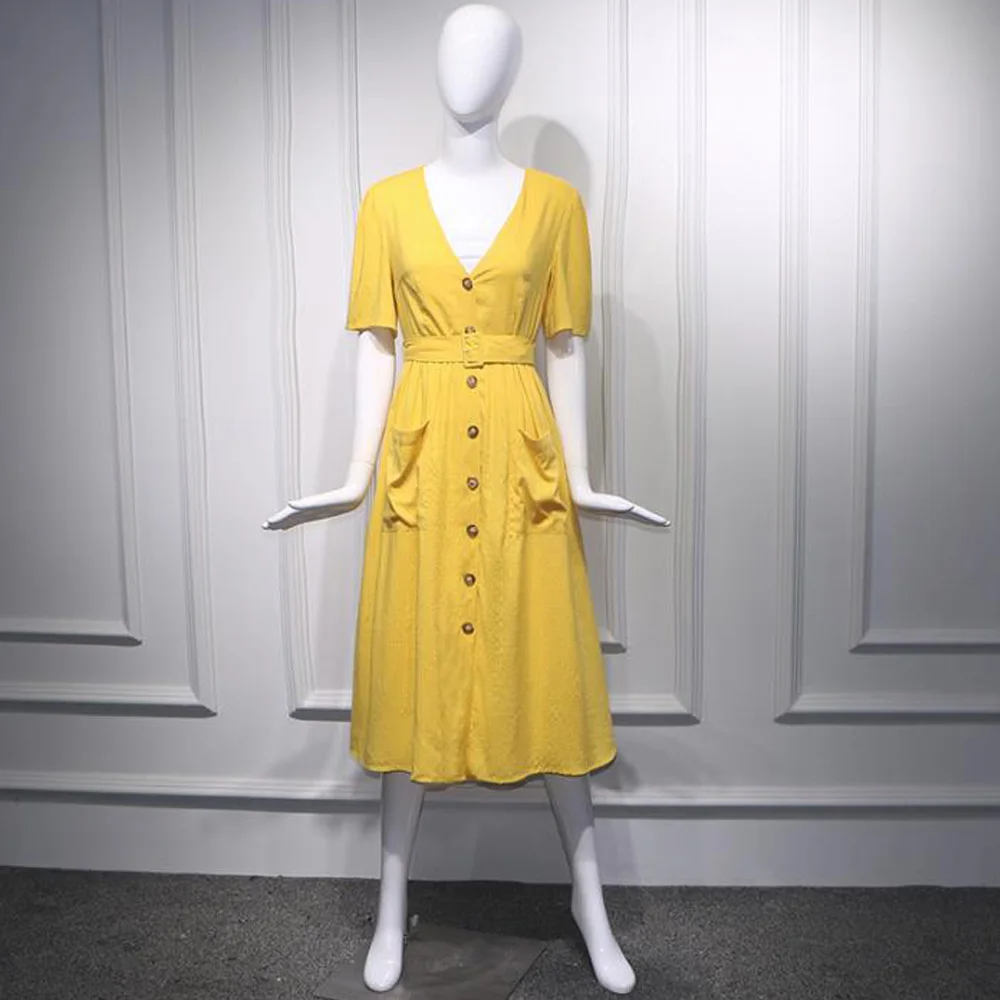 Женское платье желтого цвета в стиле ретро стильное однобортное миди на