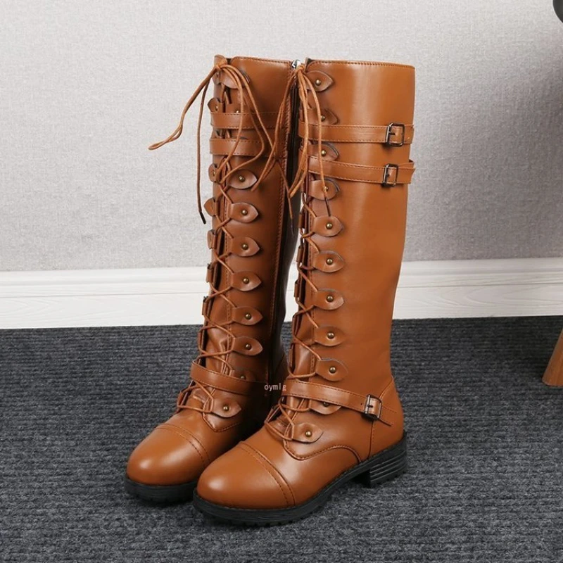 

Sexy Lace Up Knee High Boots Women Fashion Boots Flats Shoes Woman Square Heel Rubber Flock Boots Botas Winter Buckle Size 43