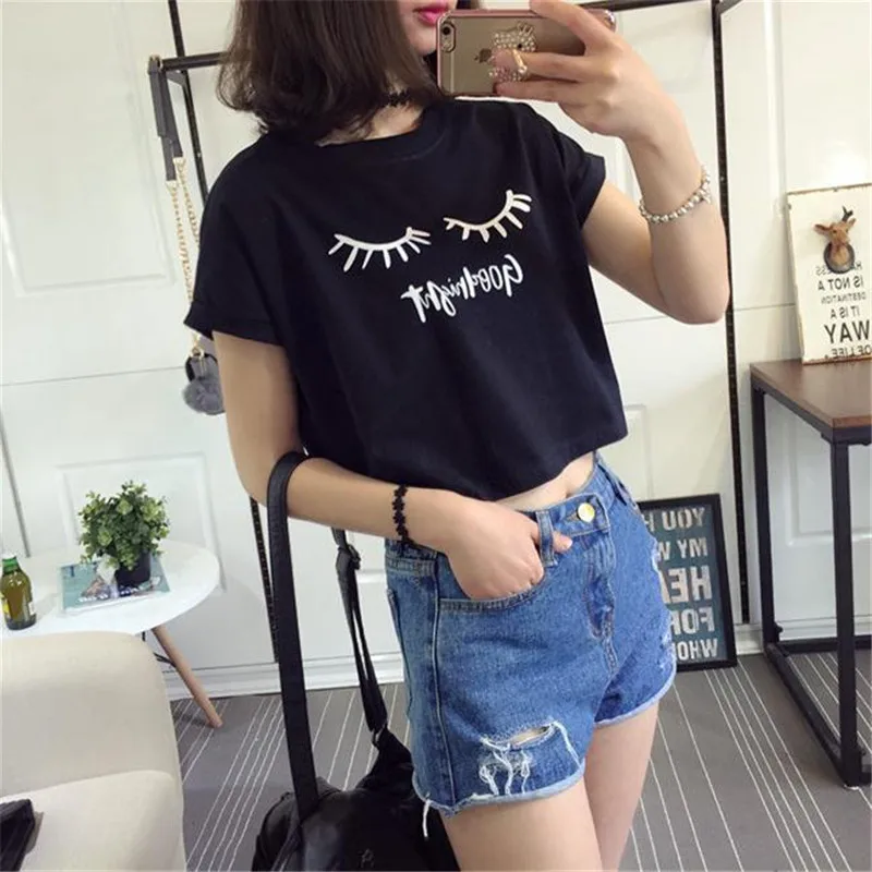 Merry Pretty Новая летняя модная женская однотонная розовая футболка в стиле панк с круглым вырезом и коротким рукавом с буквенным принтом и принтом ресниц
