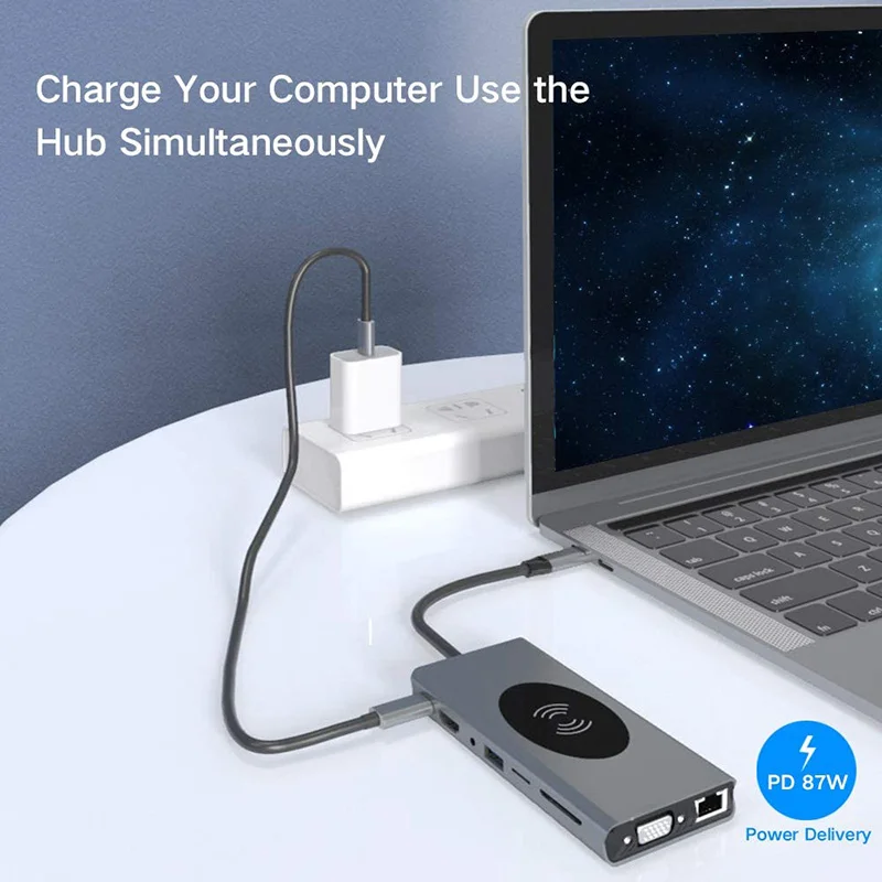 

15 in 1 USB C Hub Adapter with Wireless Charging 4K HDMI 1080P VGA PD Port RJ45 USB 3.0 2.0 for Laptop JHP-Best