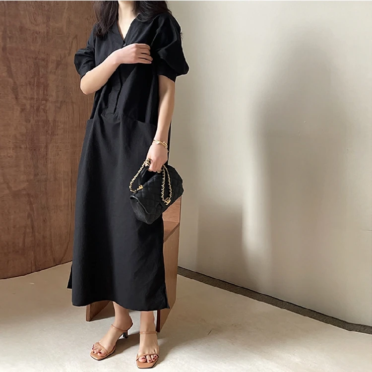 

2021 Korean Style Chic V-neck Loose Dress Ladies Puff Sleeve Pocket Women's Long Dresses Casual Vintage Female Clothing