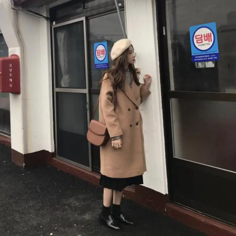 Новое Женское шерстяное пальто в Корейском стиле с отложным воротником 2019 модное