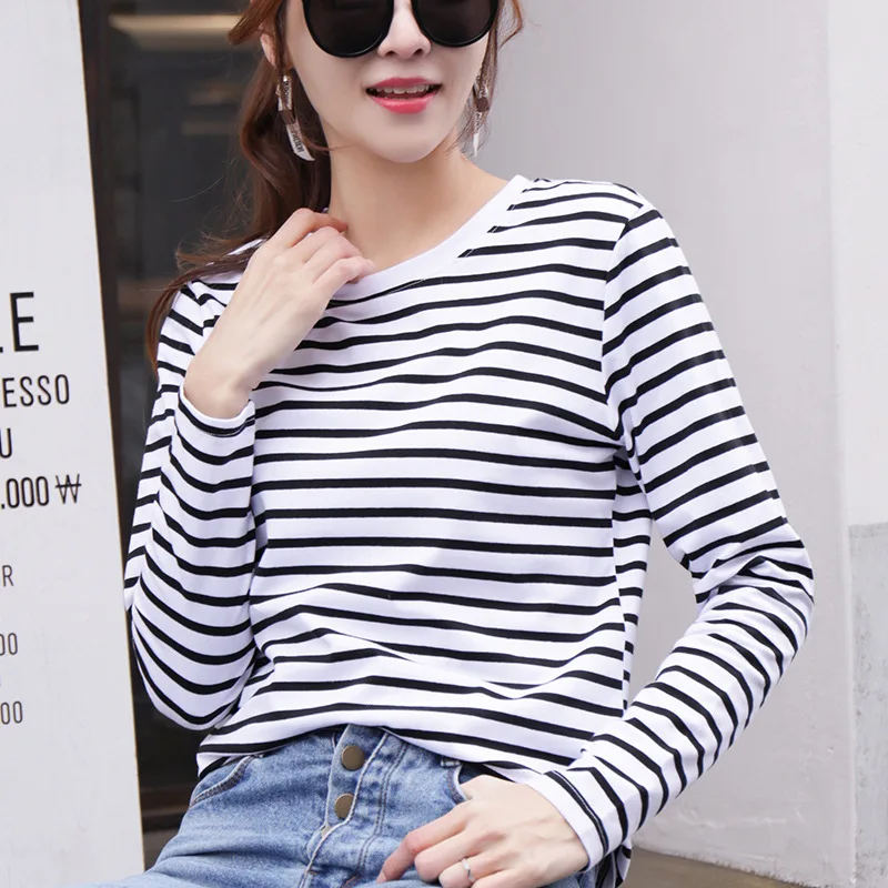 

Fashion Black And White Striped Tops Women Casual Long Sleeve O-Neck Cotton T-shirt 2021 Spring Autumn Korean Soft Basic Shirt
