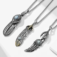 japan style indians vintage feather blue stones chain on the neck for men stainless steel nostalgic art fashion necklaces 2021