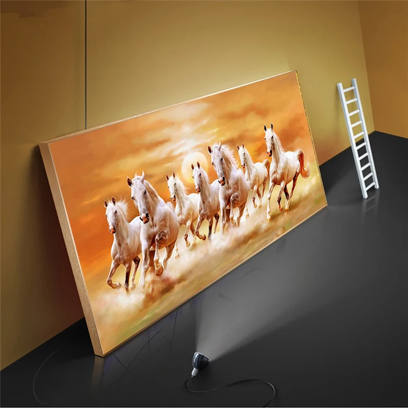 Картина на холсте семь белых Бегущих Лошадей современный постер с HD печатью и