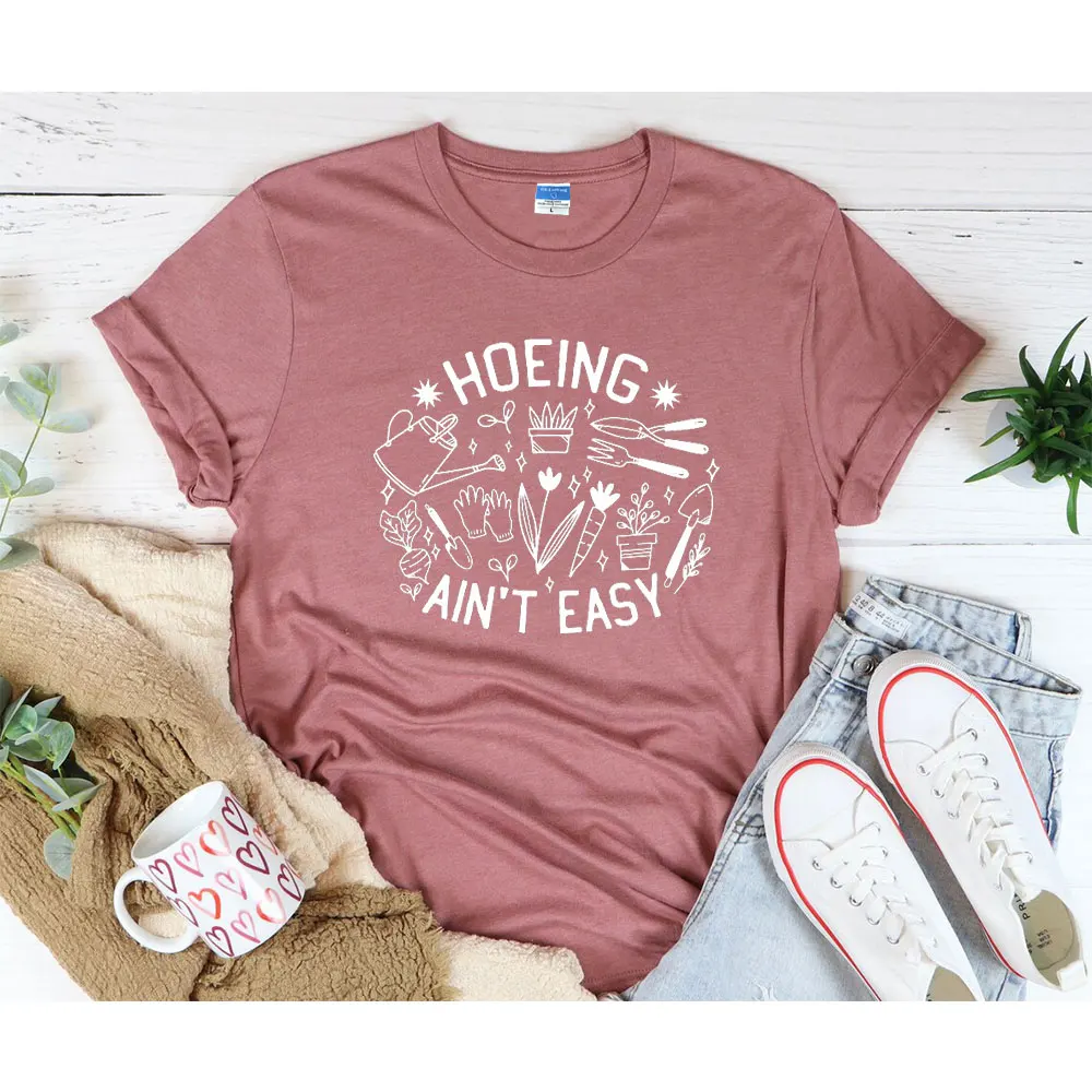 

Hoeing Ain't Easy Shirt Cactus Plant Tee Gardener T-shirt Succulent Printed Top Women Cotton Tshirt O-neck Gift For Garden Lover