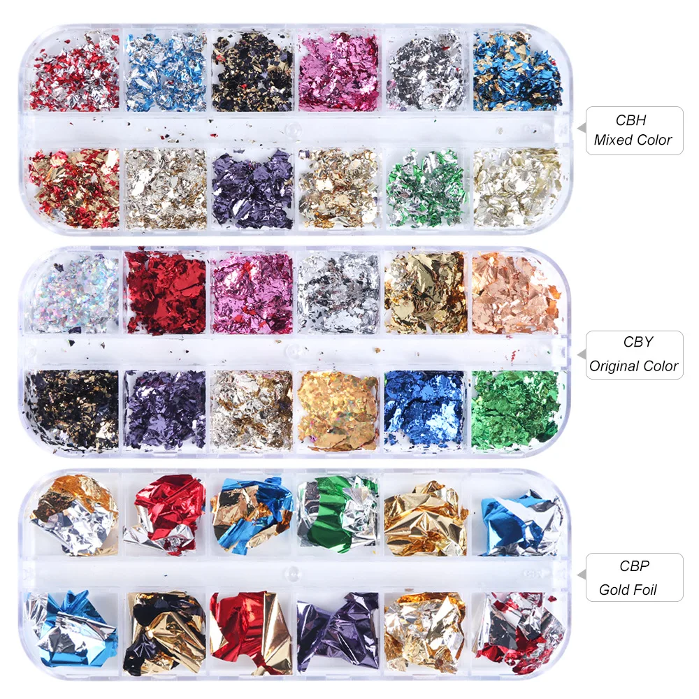 

12 Grid Aluminum Foil Nail Glitter Sequins Flakes Irregular Foil Paper UV Gel Polish Reflective Chrome Powder Nail Art Decor