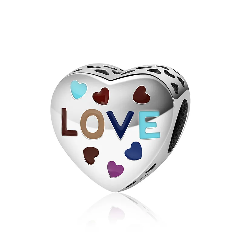 

NEW Original Design 100% 925 Sterling Silver Charm Heart-shaped LOVE Carving Rainbow Multi-color Careful Shape Bead 6041-6060