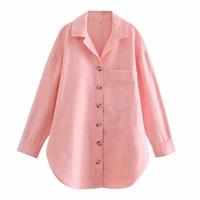 women fashion pink overshirt female cotton long drop shoulder sleeves collared overshirt woman pocket side vents button up top