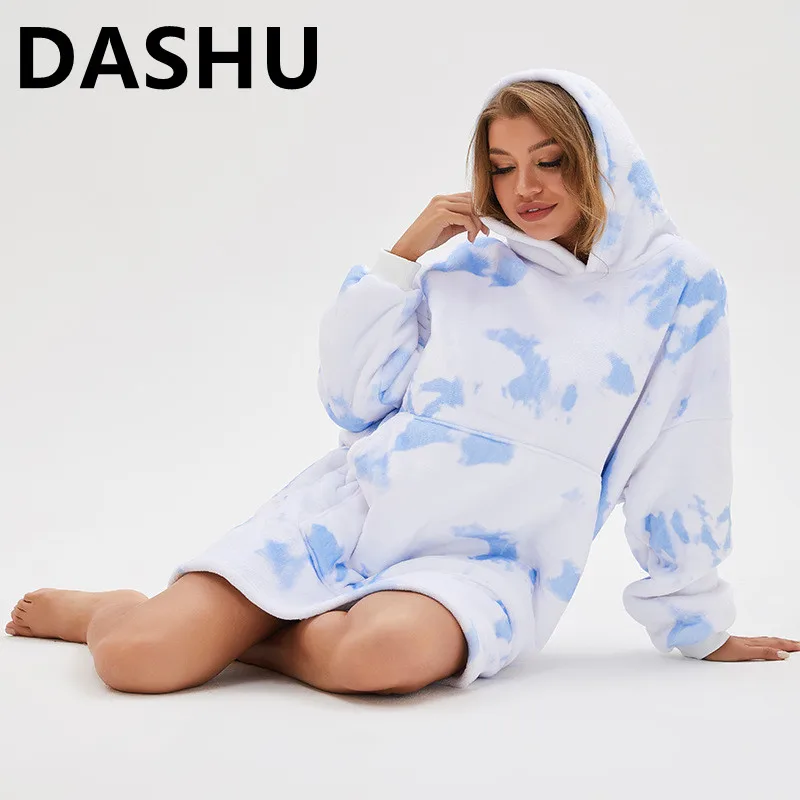 

Oversized Hoodie Blanket With Sleeves Sweatshirt Plaid Winter Fleece Hoody Women Pocket Female Hooded Sweat Oversize TV Blanket