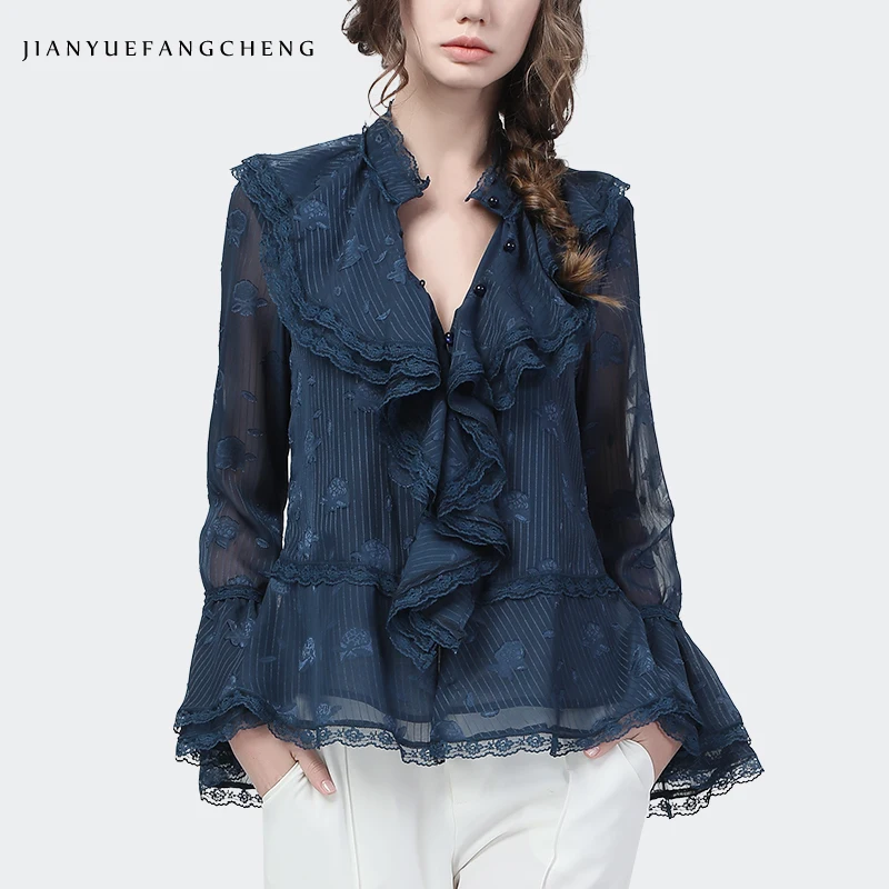 

Женская шифоновая блузка с цветочным принтом, расклешенный рукав, с матросским воротником, свободные прямые топы с V-образным вырезом и длин...